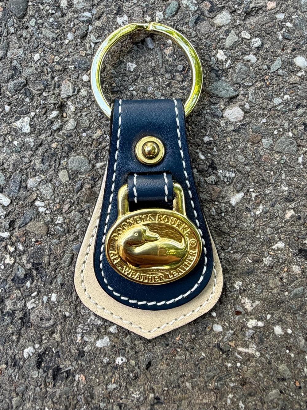 Vintage Dooney & Bourke Navy Beige Leather Keychain Fob Bag Charm Gold Duck